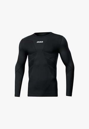 Schwarzes langärmeliges Sportshirt aus dehnbarem Stoff, mit rundem Halsausschnitt und strukturierten Akzenten an Schultern und Seiten. JAKO-Logo sichtbar.