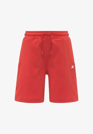 Pantaloncini rossi fino al ginocchio con vita elastica, coulisse, tasche laterali e piccolo logo sulla coscia sinistra.