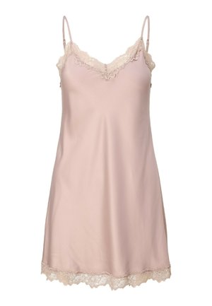 Robe nuisette rose clair avec bretelles réglables, ornée d'une bordure en dentelle le long du décolleté en V et de l'ourlet, fabriquée dans un tissu doux et lisse.