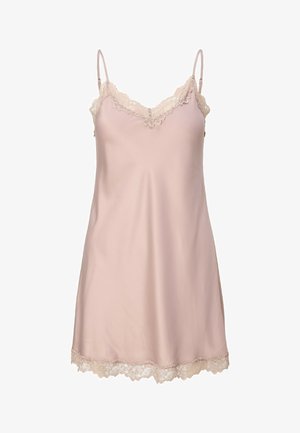 Vaaleanpunainen liukaspuku säädettävillä olkaimilla, jossa on pitsireunus V-kauluksessa ja helmassa, valmistettu pehmeästä ja sileästä kankaasta.