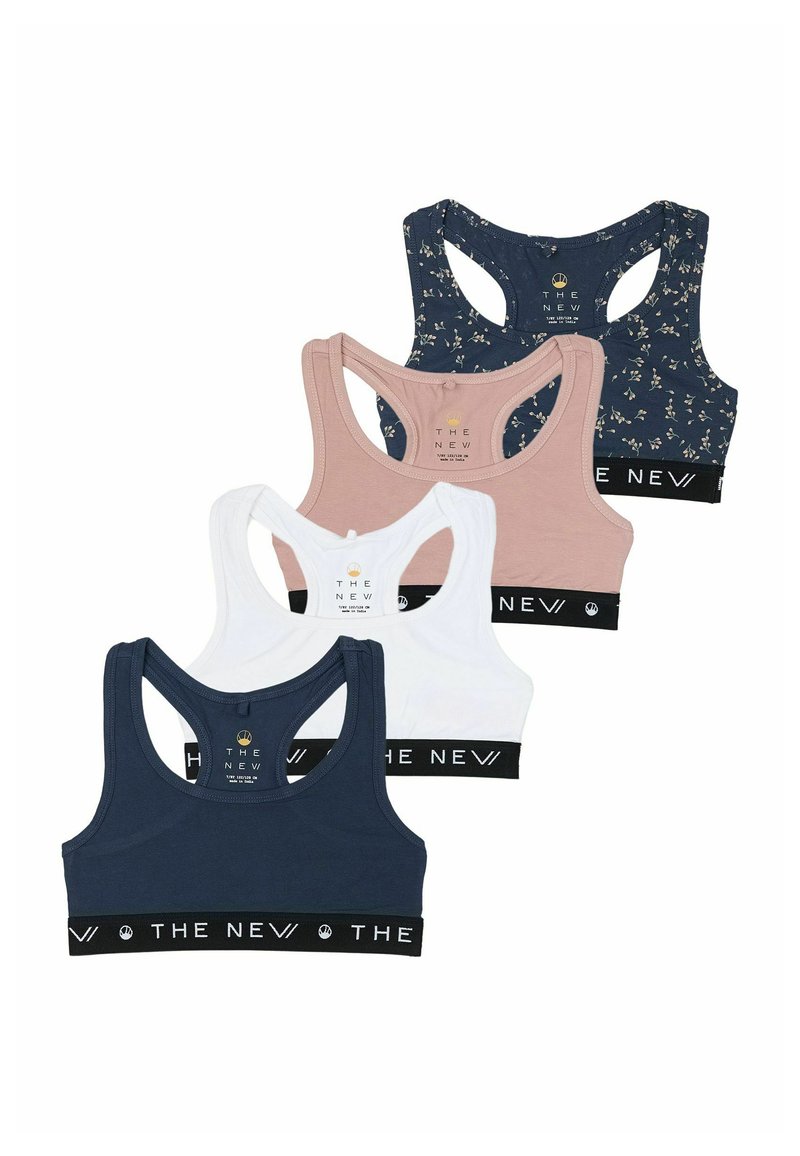 Four sports bras featuring a dark blue floral print, pink, white, and navy colors. Each has a black band with "THE NEW" logo and racerback design.
