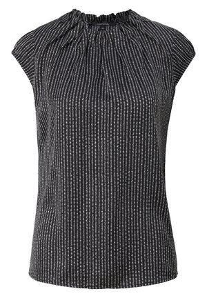 Blouse noire sans manches avec des rayures verticales blanches en pointillés et un col froncé.