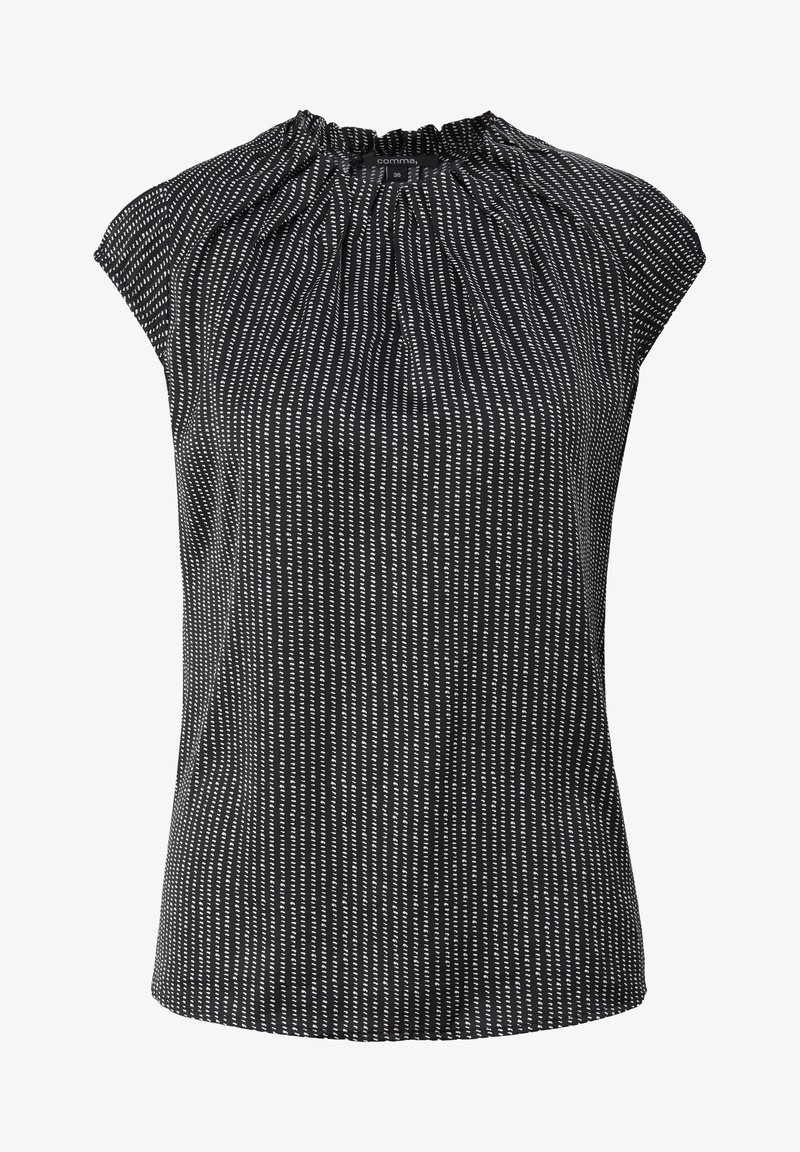 Blouse noire sans manches avec des rayures verticales blanches en pointillés et un col froncé.