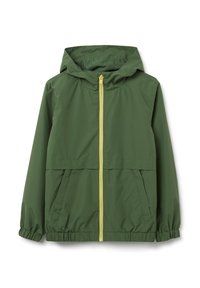 Leichte grüne Kapuzenjacke mit gelbem Reißverschluss, elastischen Bündchen und zwei Fronttaschen; zeichnet sich durch eine glatte, wasserabweisende Textur aus.