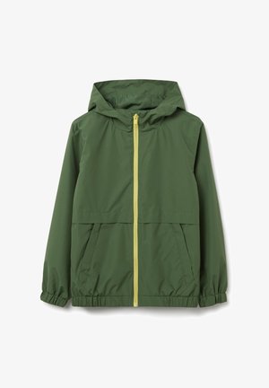 Green lightweight hooded jacket with a yellow zipper, elastic cuffs, and two front pockets; features a smooth, water-resistant texture.