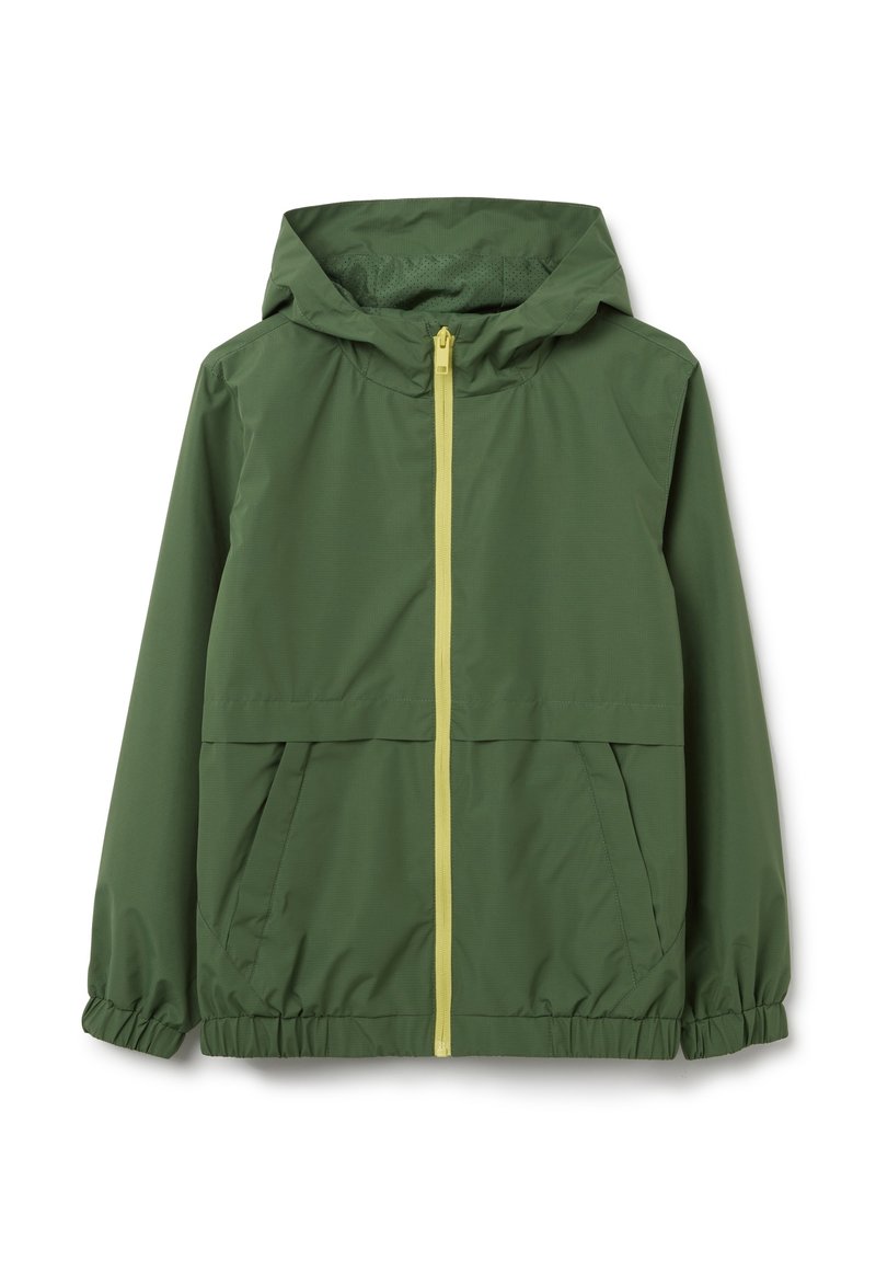 Leichte grüne Kapuzenjacke mit gelbem Reißverschluss, elastischen Bündchen und zwei Fronttaschen; zeichnet sich durch eine glatte, wasserabweisende Textur aus.