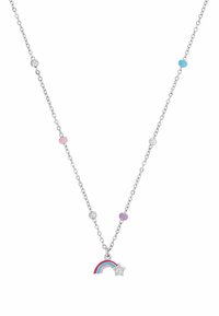 Collar de cadena de plata con cuentas coloridas. Presenta un charm de arcoíris con acentos en rosa, azul y púrpura, y una estrella con una piedra clara.