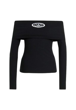 Black off-shoulder top in ribbed fabric, featuring long sleeves and a central logo. Smooth texture with a fitted silhouette.