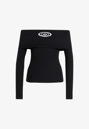 Musta õlgadelt avatud top ribbed-kangast, millel on pikad varrukad ja keskne logo. Sile tekstuur ja liibuv siluett.