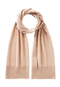Sciarpa lavorata a maglia di un beige chiaro con estremità a costine, disposta in modo sciolto in cima su uno sfondo bianco.