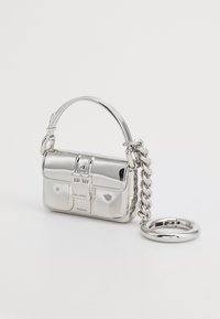 Silver metallic mini handbag with a structured design, chain handle, and a round keyring attachment. Smooth texture with glossy finish.
