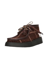 Bruine tweed enkellaarzen met leren accenten, vetersluiting en een lichtgewicht zwarte zool. Heeft een ruitpatroon in lichtere tonen.