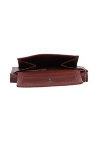 Brown leather wallet with a simple design, featuring two compartments and a snap closure. Smooth texture with visible stitching details.