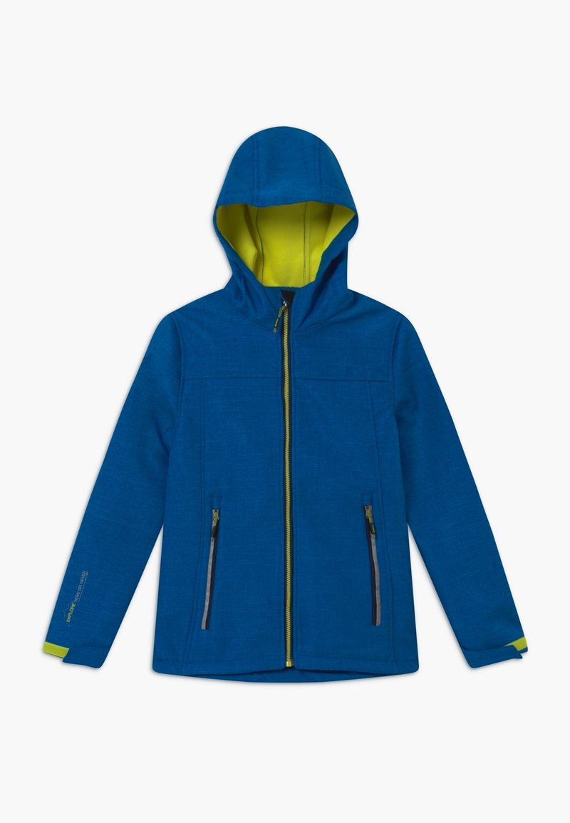 Veste à capuche bleue avec doublure intérieure vert citron, fermeture éclair à l'avant et deux poches latérales zippées, manches longues et accents de poignets vert citron.