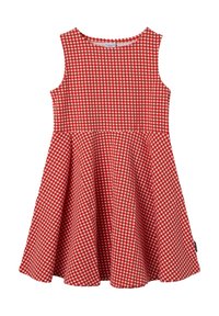 Punainen ruudullinen mekko, jossa on hihaton muotoilu, pyöreä pääntie, levenevä hame ja tekstuuri, jossa on ruutukuvio.