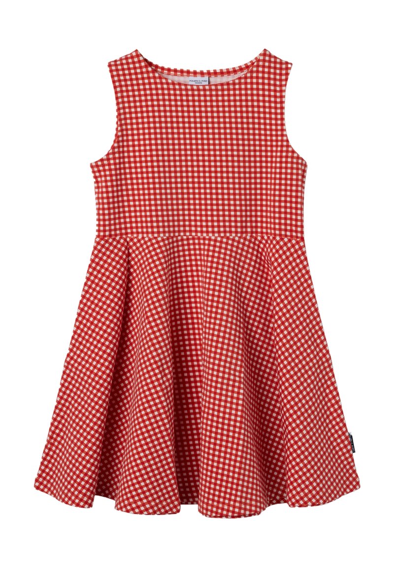 Punainen ruudullinen mekko, jossa on hihaton muotoilu, pyöreä pääntie, levenevä hame ja tekstuuri, jossa on ruutukuvio.