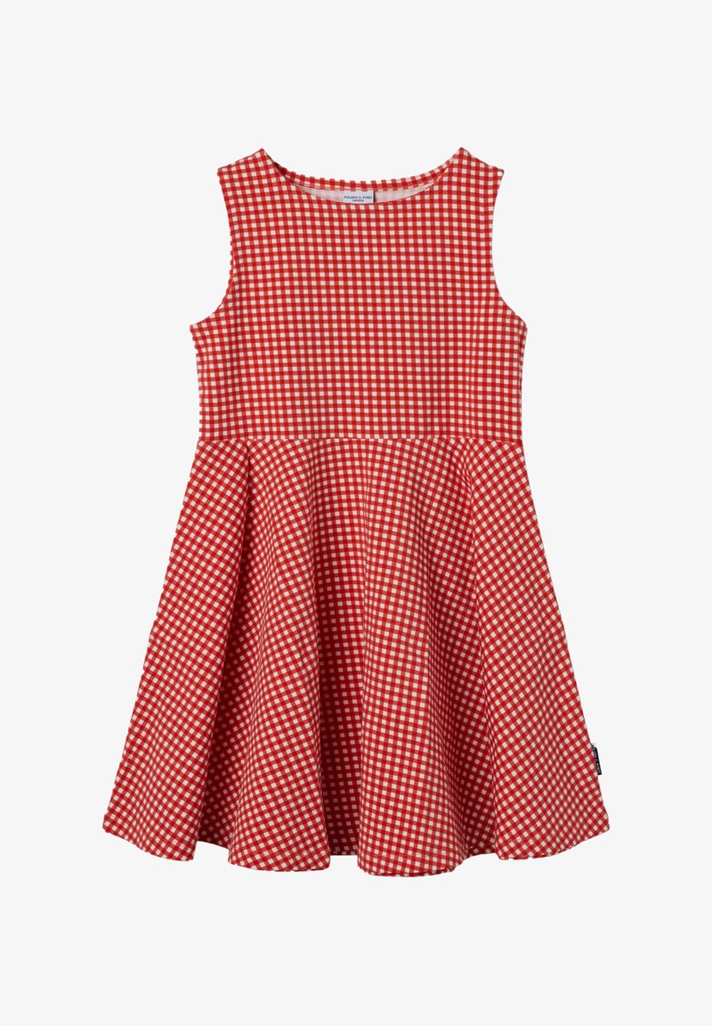 Punainen ruudullinen mekko, jossa on hihaton muotoilu, pyöreä pääntie, levenevä hame ja tekstuuri, jossa on ruutukuvio.