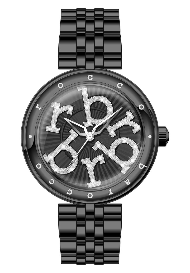 Svart klocka med en glansig rund boett, som har gnistrande silverbokstäver på en strukturerad svart urtavla och ett armband av svart metall.