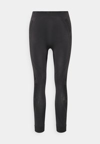 Leggings pretos com um design ajustado, apresentando uma superfície texturizada e uma cintura larga com o logótipo da Puma em padrão repetido.