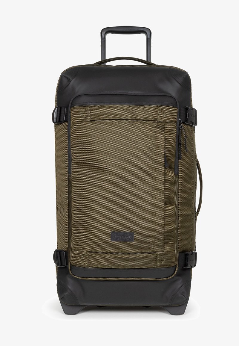 Zelená textilní rolovací cestovní taška s černými akcenty, strukturovaný povrch, pevná rukojeť, přední zipová kapsa a zesílené dno pro odolnost.