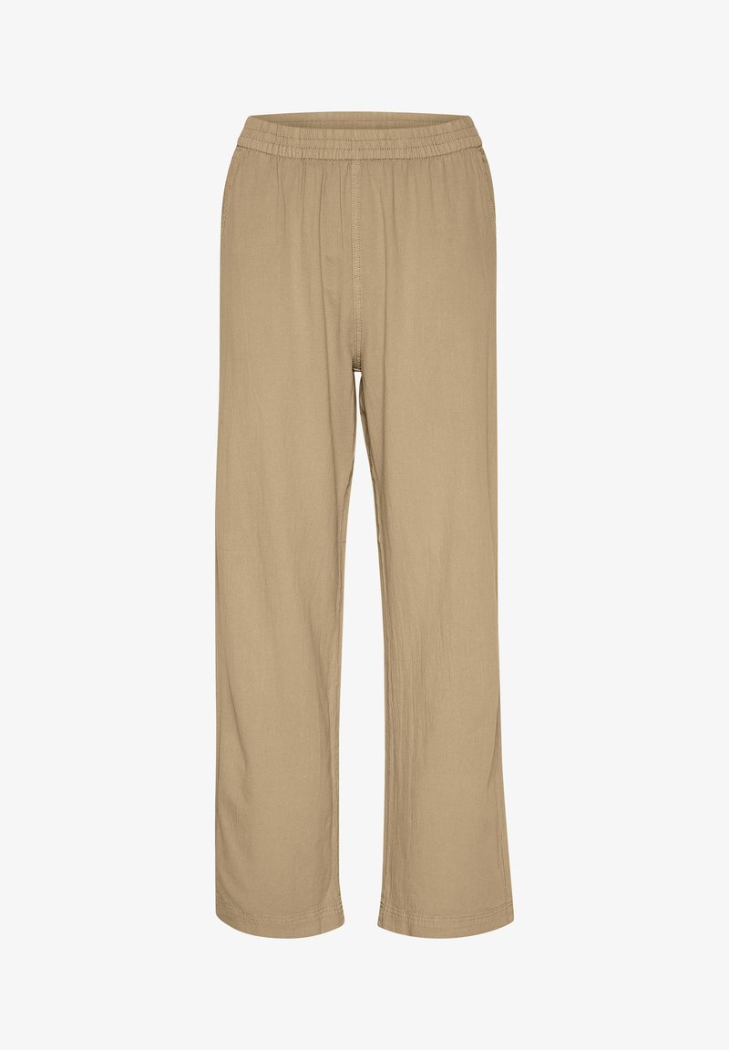 Beige, lightweight fabric trousers with an elastic waistband, straight leg design, and no visible fastenings or pockets.