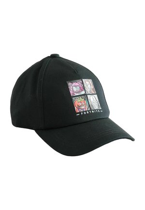 Black baseball cap with four colorful Fortnite character icons above the "FORTNITE" logo on the front panel.