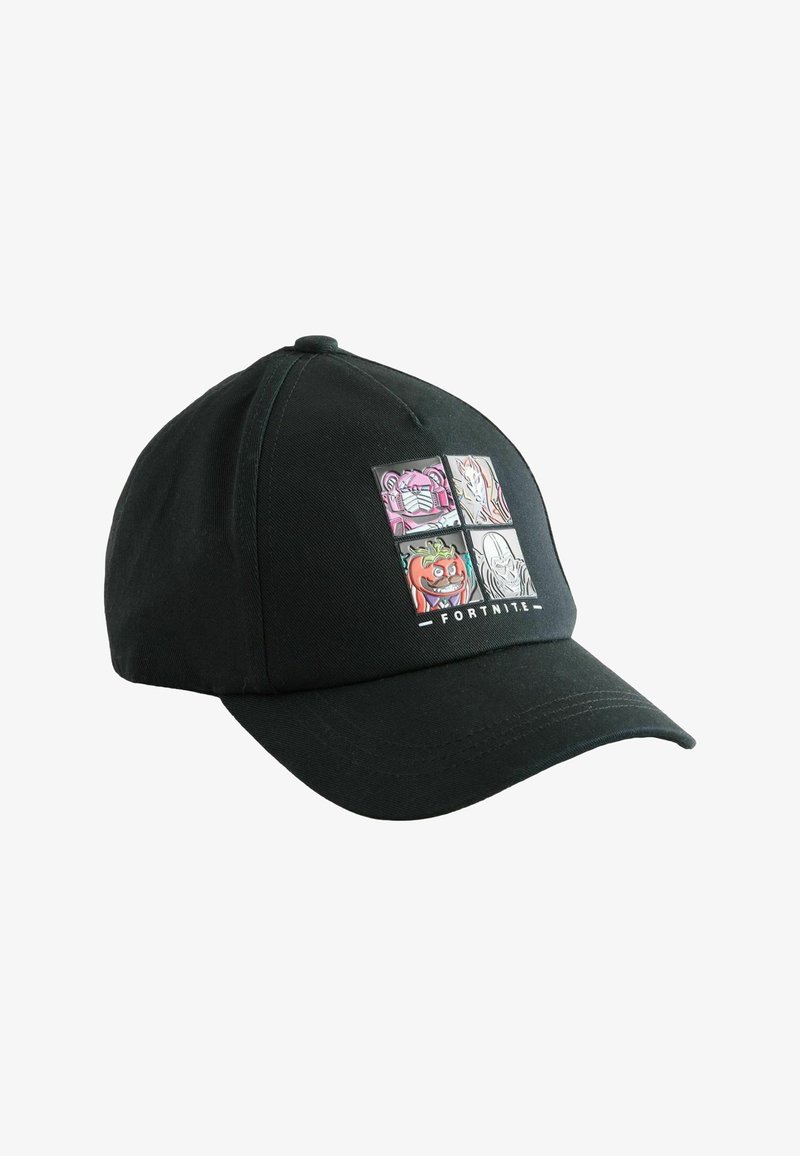 Casquette de baseball noire avec quatre icônes colorées de personnages Fortnite au-dessus du logo « FORTNITE » sur le panneau avant.