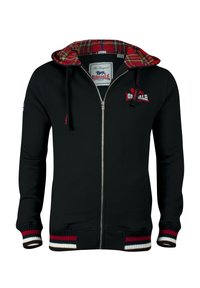Sort zip-up hættetrøje med en rød og ternet foret hætte, der har ribbede manchetter og kant med røde, hvide og brune striber; logo på brystet.