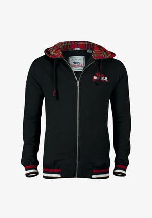 Črna zip-up kapuca z rdečo in karirasto oblogo na kapuci, ki ima rebraste manšete in rob s rdečimi, belimi in rjavimi črtami; logo na prsih.