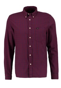 Camicia a scacchi in bordeaux e blu navy, con colletto classico, maniche lunghe e una sola tasca sul petto con etichetta.