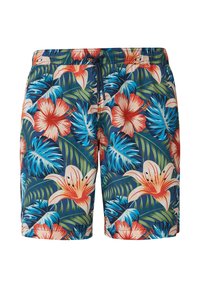 Zwemshorts met een marineblauwe achtergrond en een levendige tropische bloemenprint in rood, roze, blauw en groen. Elastische tailleband met een koord.