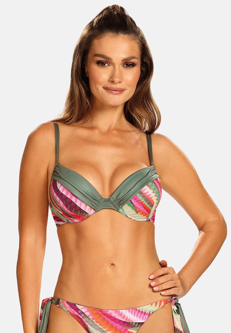 Biustonosz bikini z fiszbinami, zdobiony wielokolorowymi geometrycznymi wzorami w odcieniach różu, zieleni i żółci. Regulowane ramiączka; gładki matowy materiał.