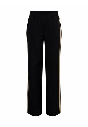 Zwarte broek met wijde pijpen, beige zijstrepen, elastische tailleband en riemlussen, afgebeeld op een witte achtergrond.