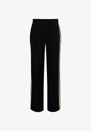 Zwarte broek met wijde pijpen, beige zijstrepen, elastische tailleband en riemlussen, afgebeeld op een witte achtergrond.