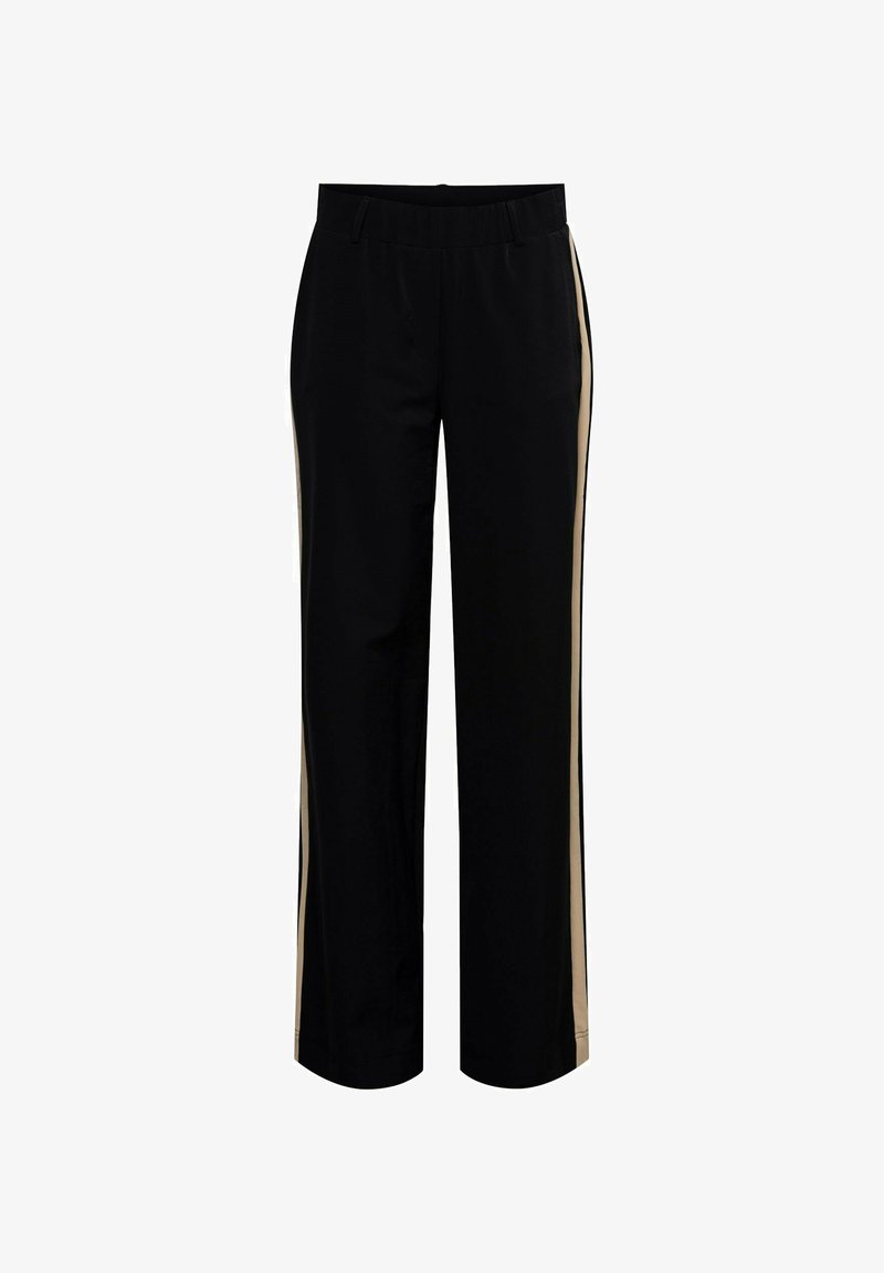 Zwarte broek met wijde pijpen, beige zijstrepen, elastische tailleband en riemlussen, afgebeeld op een witte achtergrond.