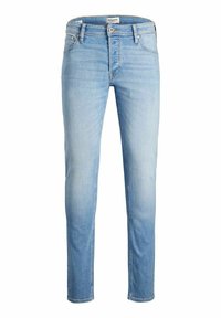 Jeans de denim azul claro con corte recto, con cremallera, cinco bolsillos y un ligero desgaste. Detalles de costura a lo largo de las costuras.