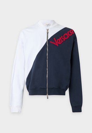 Versace, WITH INTARSIA WORKING AND CUT OUT VINTAGE LOGO EMBROIDERY - Majica s kapuljačom i patentnim zatvaračem - white/navy blue