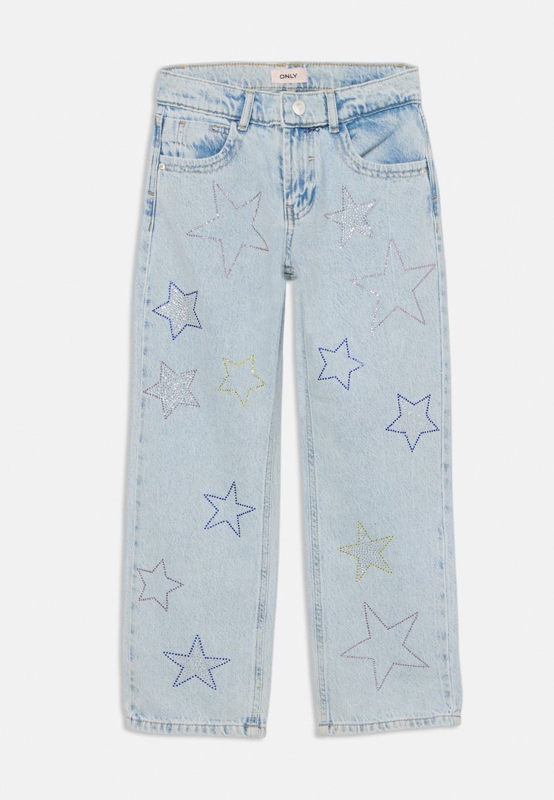 Light blue denim jeans with wide legs, featuring multicolored star-shaped embellishments in various sizes across the fabric.