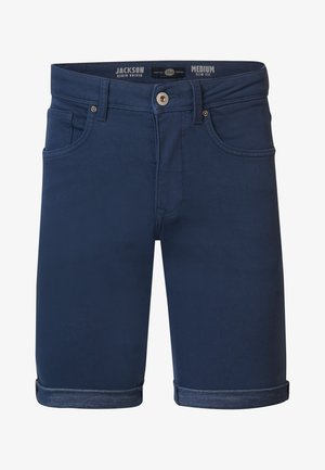 Dunkelblaue Jeansshorts mit schmaler Passform, fünf Taschen und umgeschlagenen Säumen. Verfügt über einen Knopfverschluss und subtile Steppdetails.