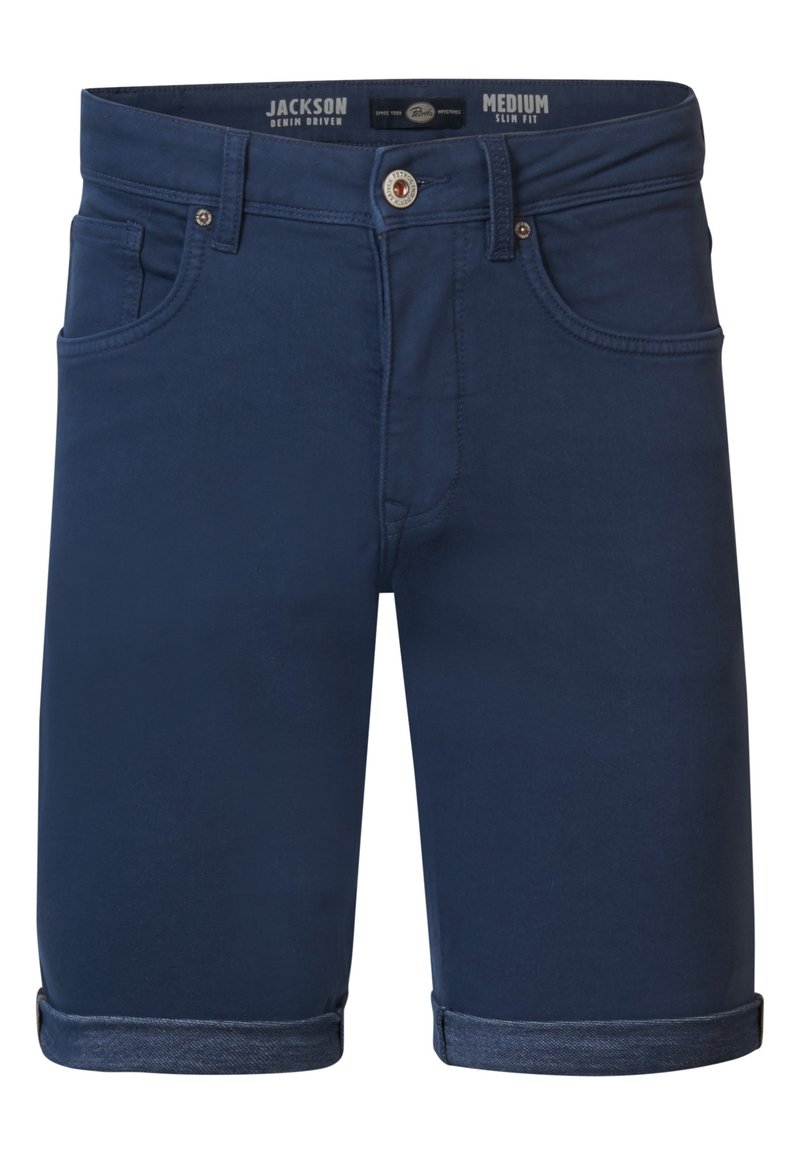 Pantalones cortos de mezclilla azul marino con un corte slim, cinco bolsillos y dobladillos enrollados. Cuenta con un cierre de botón y detalles de costura sutiles.
