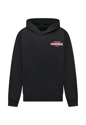 Zwarte hoodie met een kangoeroe-pocket, voorzien van een roze grafische tekst "MONTREAL" op de voorkant. Zacht materiaal met een relaxte pasvorm en geribbelde manchetten.