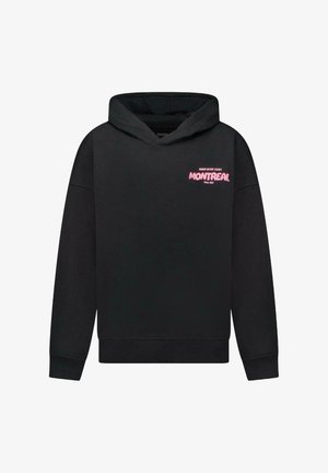 Zwarte hoodie met een kangoeroe-pocket, voorzien van een roze grafische tekst "MONTREAL" op de voorkant. Zacht materiaal met een relaxte pasvorm en geribbelde manchetten.