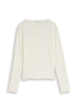 Cardigan à manches longues, côtelé, de couleur blanc cassé, avec boutons sur le devant et bords festonnés aux poignets et à l'ourlet.