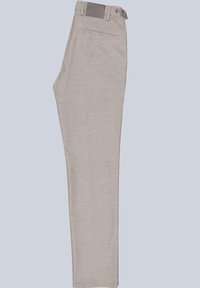 Beige trousers made of textured fabric, featuring a straight cut, back pocket, and button closure at the waist.
