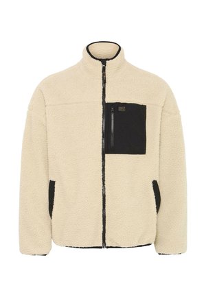 Béžová fleecová mikina na zips s čiernym lemovaním, vreckom na zips na hrudi a bočnými vreckami s čiernym lemovaním, s vysokým golierom.