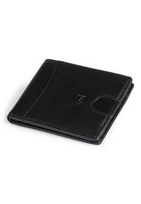 Black leather wallet with a textured finish, bi-fold design, and embossed logo on the exterior. Compact shape for easy portability.