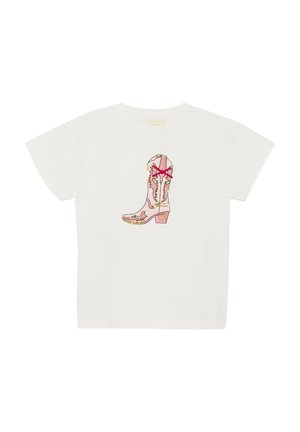 Wit katoenen T-shirt met een gedrukt motief van een roze en beige cowboylaars, versierd met rode accenten en gedetailleerd stiksel.