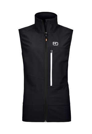 Black sleeveless vest with high collar, front zipper, white vertical chest pocket zipper, and a small white logo on left chest.