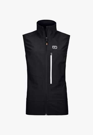 Black sleeveless vest with high collar, front zipper, white vertical chest pocket zipper, and a small white logo on left chest.