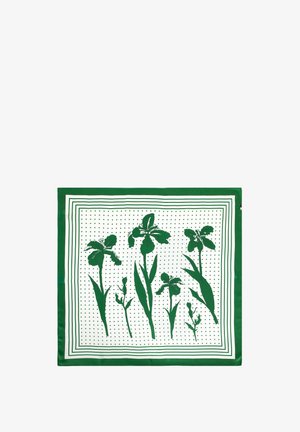 Zielony jedwabny szalik z ilustracyjnym wzorem kwiatowym przedstawiającym irysy na białym tle w zielone kropki i w pasek.